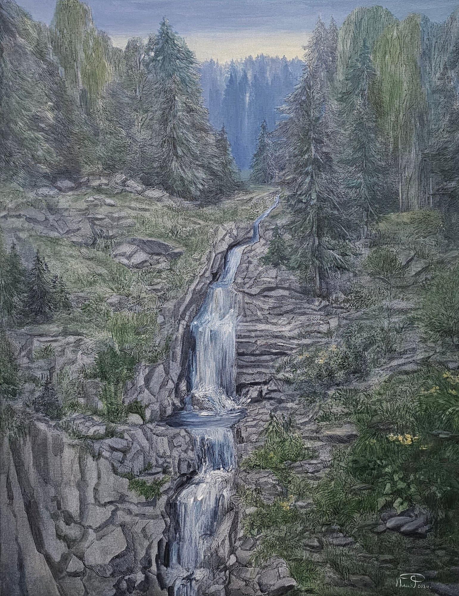 Waterfall on a rocky slope among fir trees
