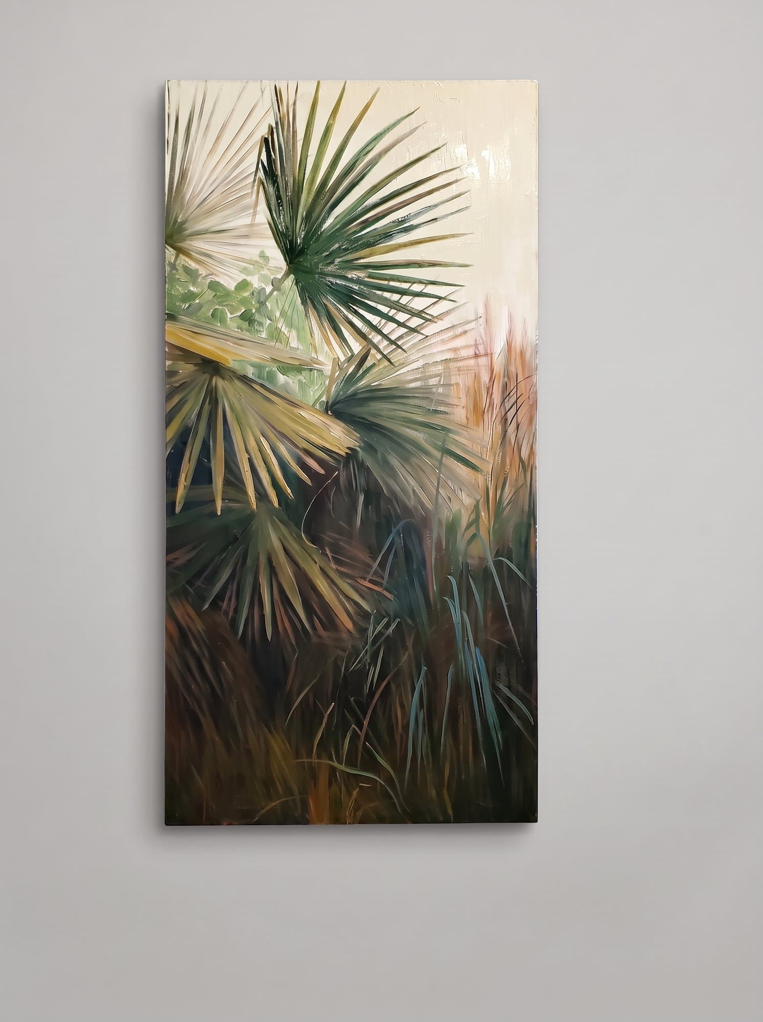 Vertical painting of fan palm leaves in warm tones