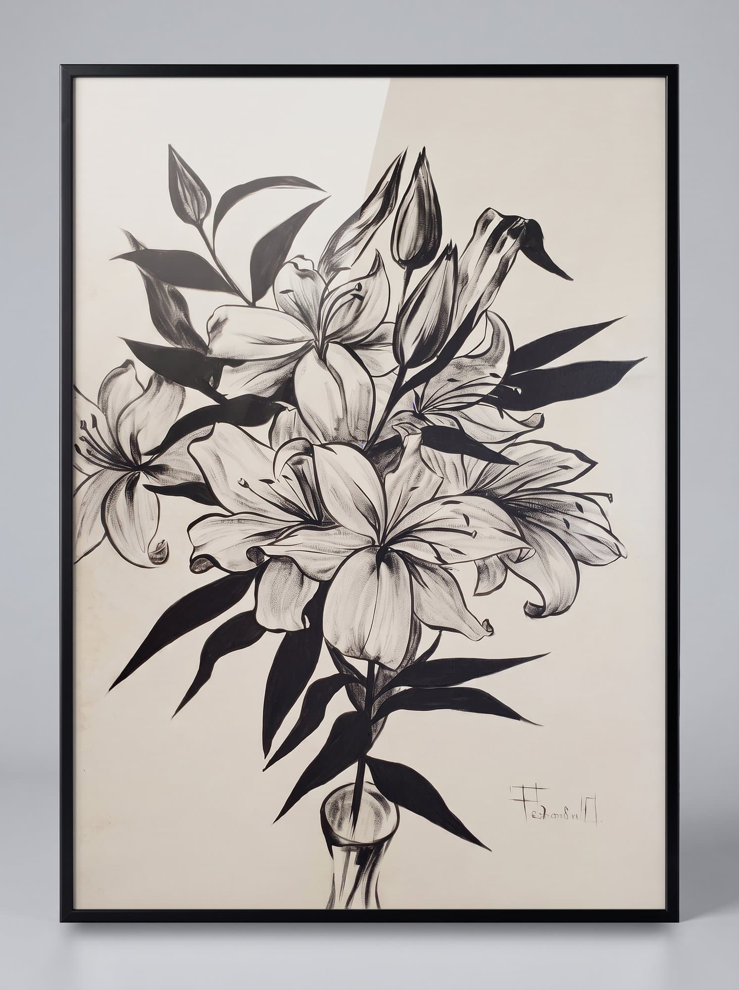 Black and white line drawing of a bouquet of lilies