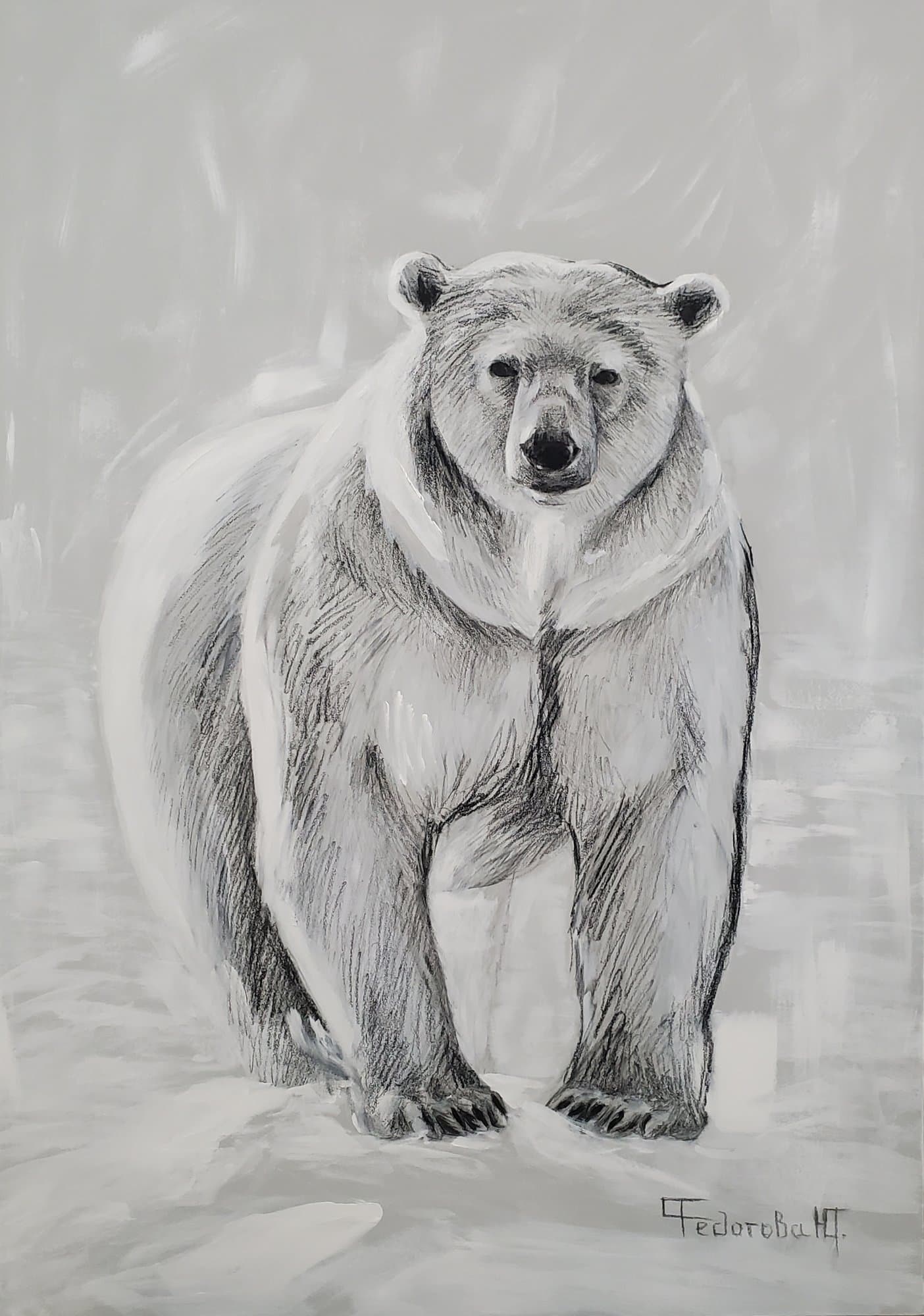Black and white image of a polar bear walking toward the viewer