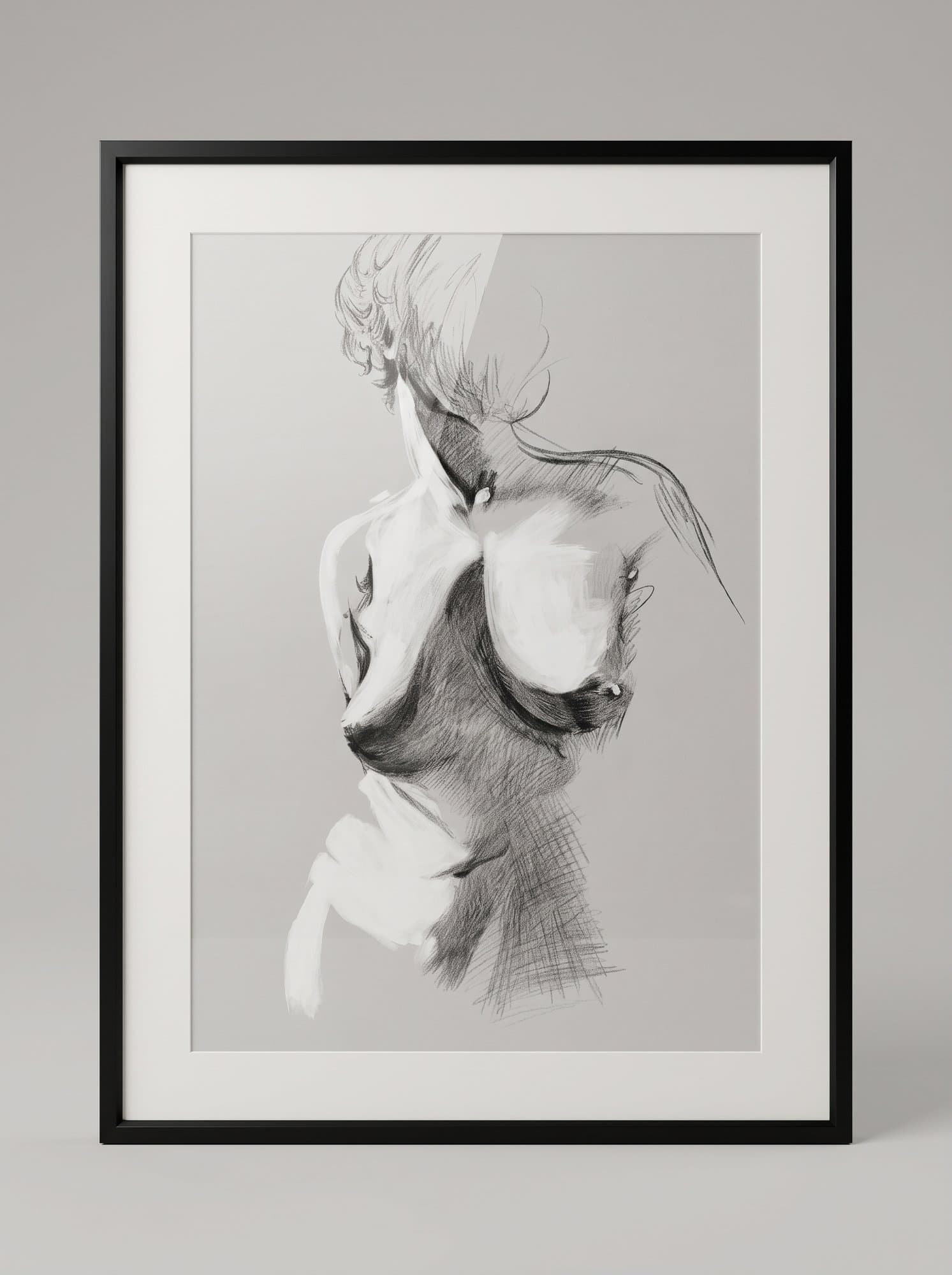Graphic image of a female figure in a black frame