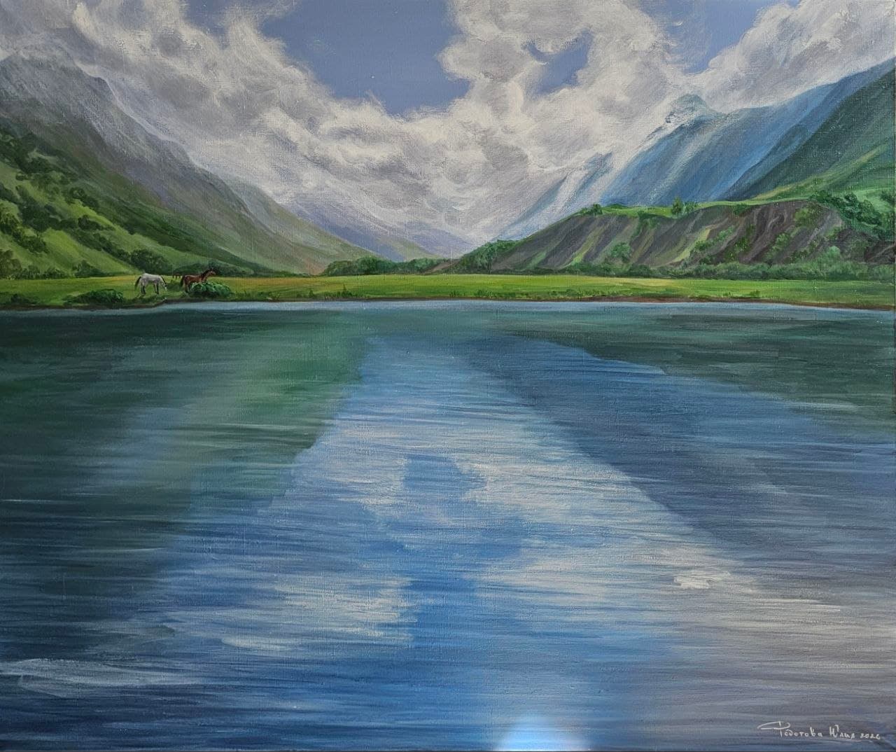 Painting of a mountain lake reflecting clouds, with two horses on the shore