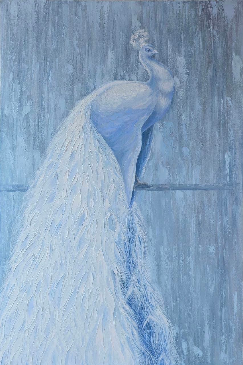 Impasto painting of a white peacock in cold grey-blue tones
