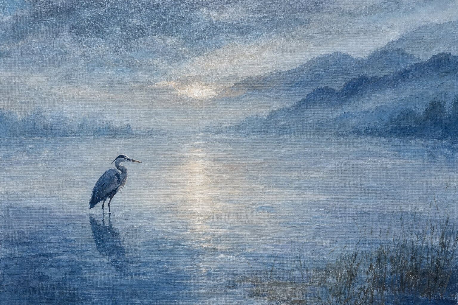 Painting of a heron in mist on a lake at dawn