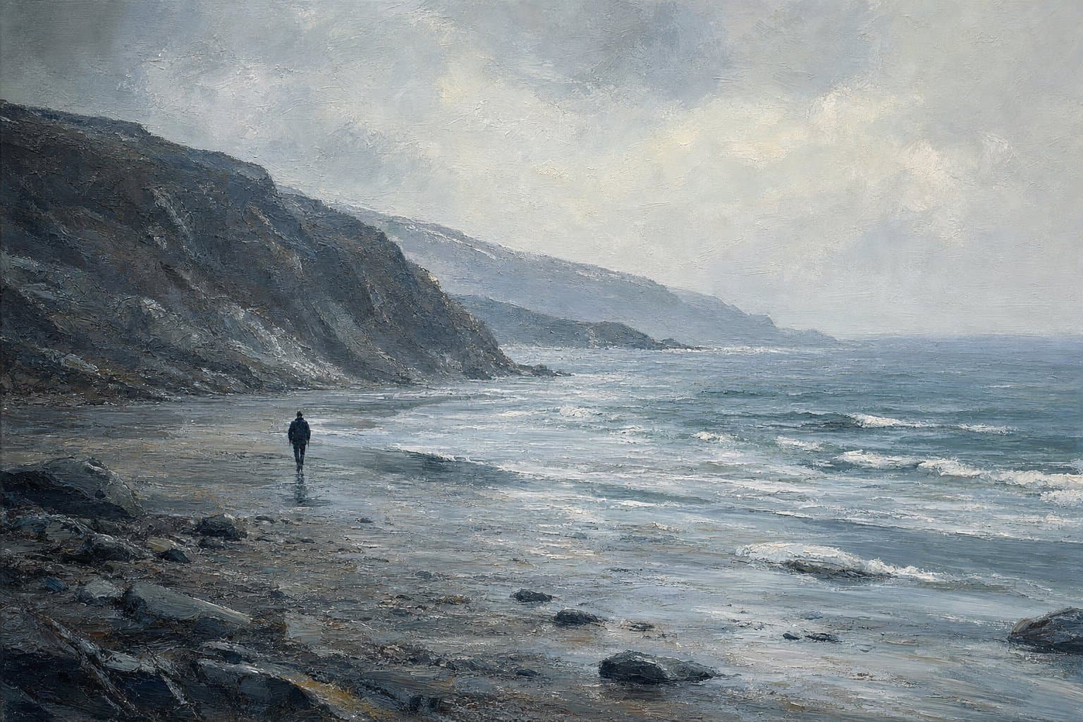 Painting of a solitary figure walking along a rocky sea coast