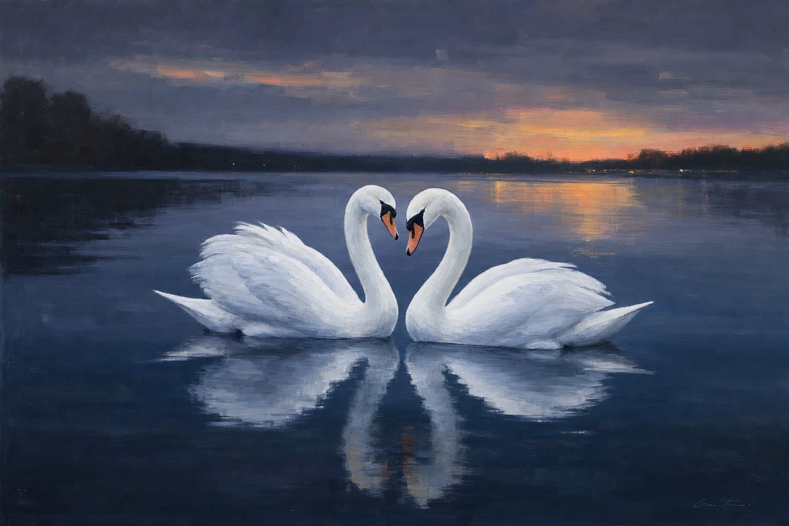 Painting of two swans on water in twilight light