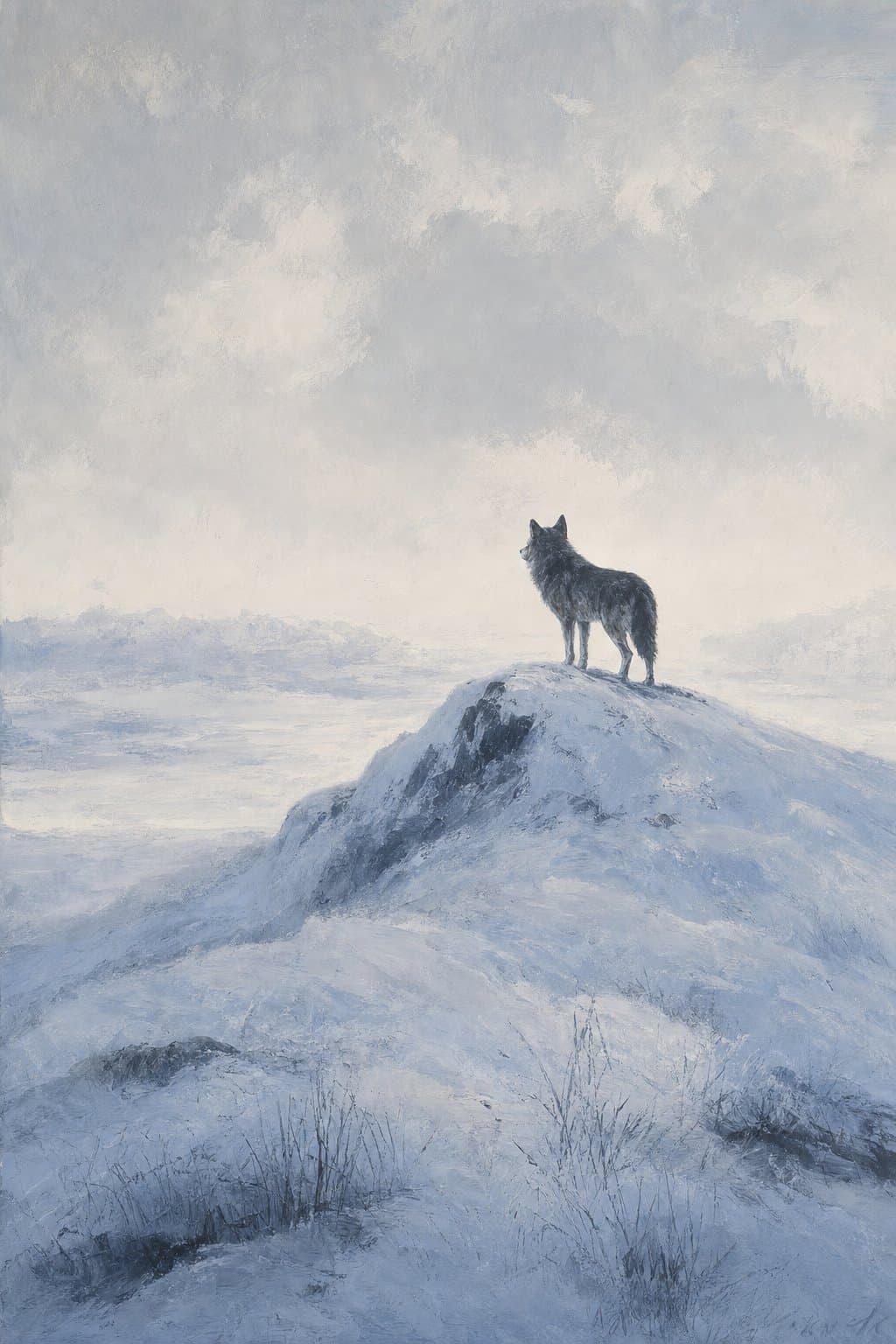 Painting of a lone wolf standing on a snowy summit