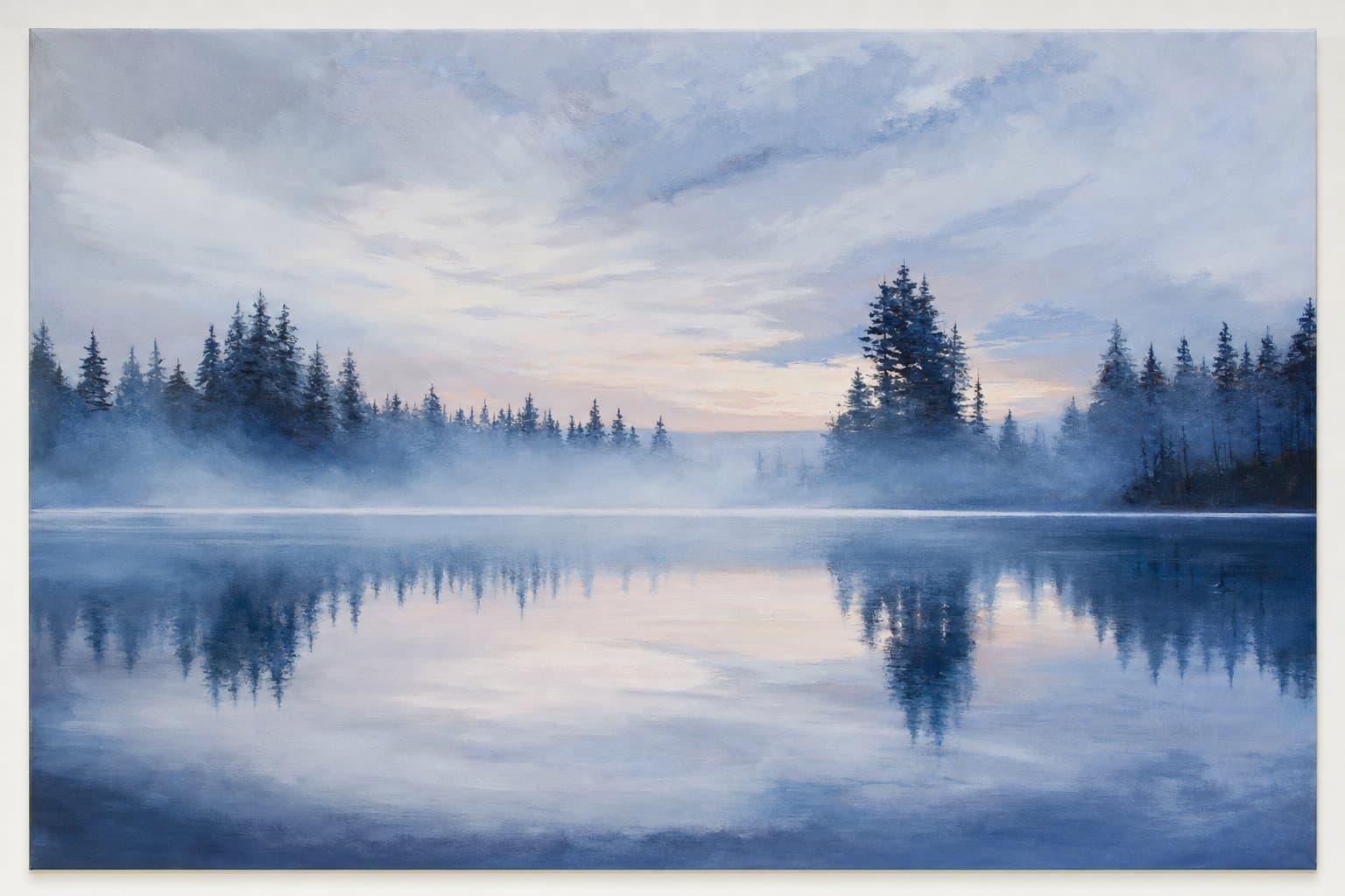 Painting of a misty pine forest by a lake at dusk